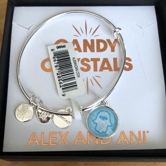 Alex And Ani Shiny Silver Candy Crystal Round Hamsa Charm Expandable Bangle NWT - Picture 2 of 12